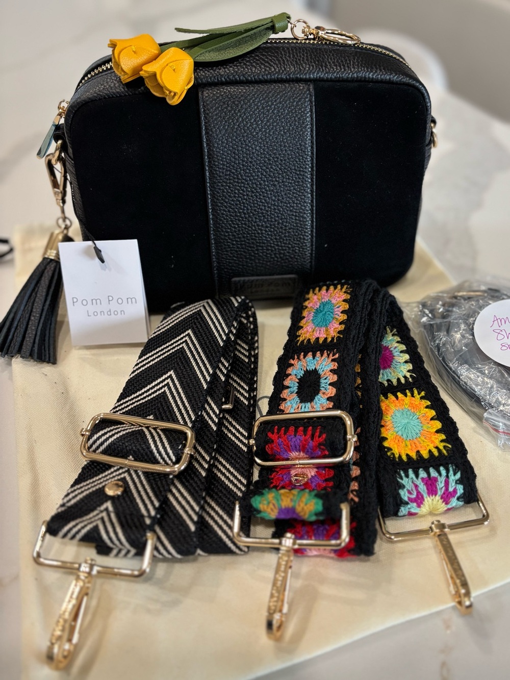 Pom Pom London Black Suede & Leather City Crossbody Bag Purse Bundle NWT
